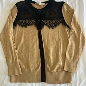 Loft Camel Black Lace Long Sleeve Womens XS Cardigan Button Down Sweater